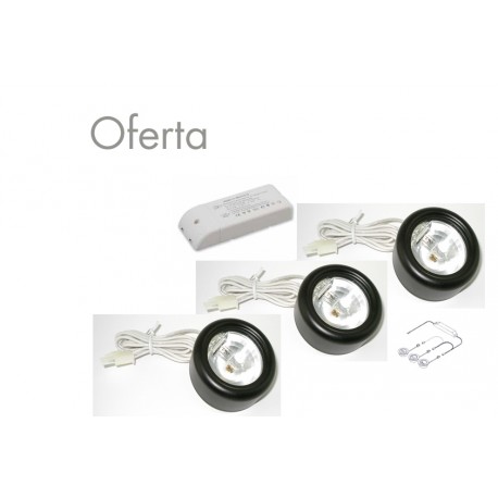 Pack 3 halogenos sobreponer negro mas transformador